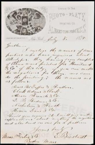 Autograph Letter, signed, on stationery of “Photo-Plate Printing Co., Albert-Type Process”