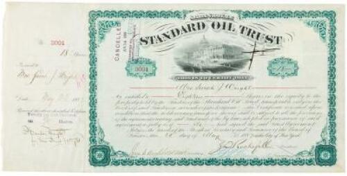 Certificate for eighteen shares in the Standard Oil Trust, made out to Mrs. Sara J. Right, signed by J.D. Rockefeller as President, Jno. D. Archbold as asst. Secretary, and by the Treasurer (Freeman?)