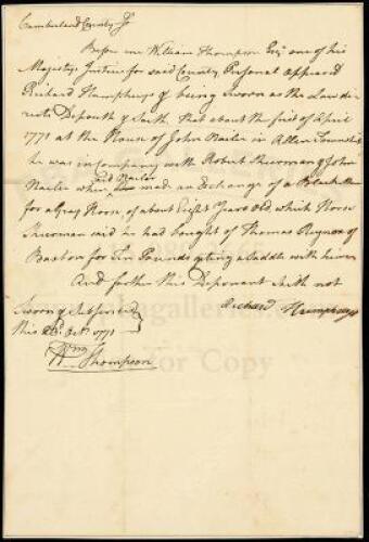 Autograph Document signed by William Thompson as Justice of Cumberland County, Pennsylvania