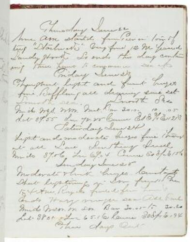 Original ink manuscript logbook/journal of the ship "Edith", a down-easter, during four voyages, 1875-1877