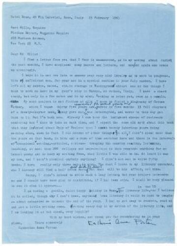 Two letters from Katherine Anne Porter to Rust Hills, Fiction Editor at Esquire Magazine, regarding various literary projects and other matters, with reference to the recently published Ship of Fools