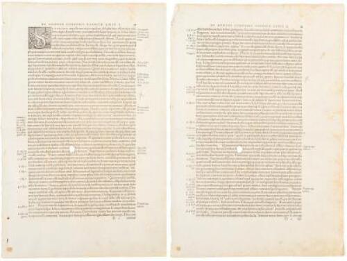 Two original printed leaves from the first edition of De humani corporis fabrica