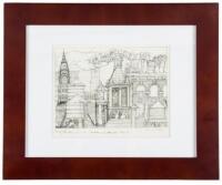 Original pencil drawing for the backdrop for the play "So Sue Me" along with a color costume design for one of the characters