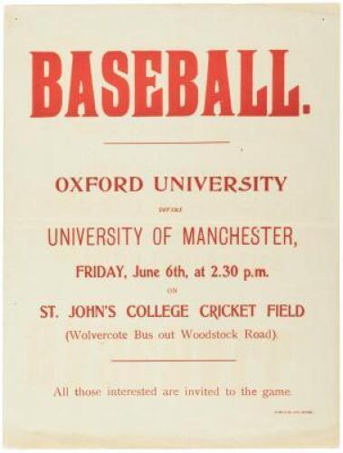Broadside advertising a Baseball Game between Oxford University and the University of Manchester, in England
