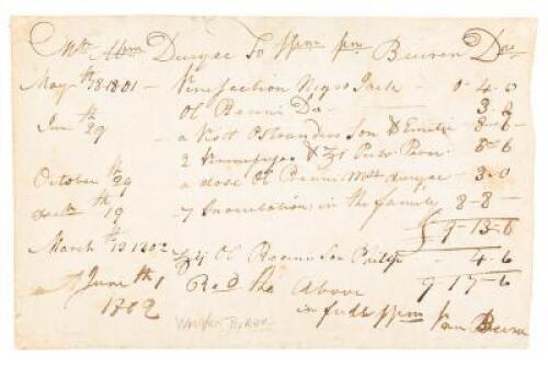 Manuscript receipt/bill for services rendered by Dr. William Van Buren, including an injection to a slave