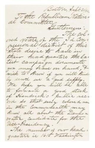 Letter, Boston &lsquo;Colored Voters&rsquo; Republican club in the 1884 presidential election
