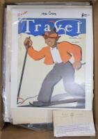 Box of magazines and pages from magazines featuring skiing illustrations, advertisements, etc., plus related material