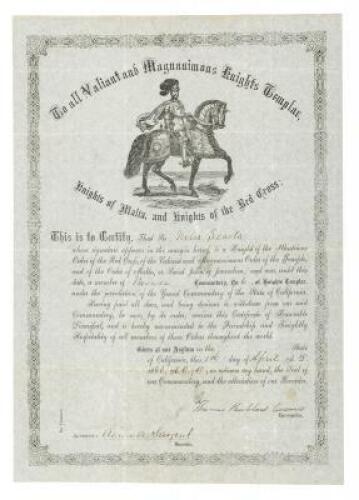 Membership certificate for Niles Searls in the Nevada City chapter of the Knights Templar