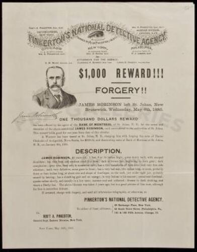 Original poster/broadside offering $1,000 Reward for the arrest of a Canadian who had forged a $339 check