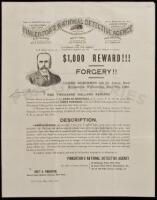 Original poster/broadside offering $1,000 Reward for the arrest of a Canadian who had forged a $339 check