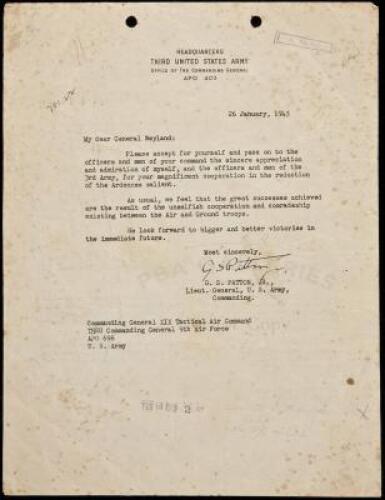 Printed letter, signed in facsimile offering thanks to the Air Force after the Battle of the Bulge