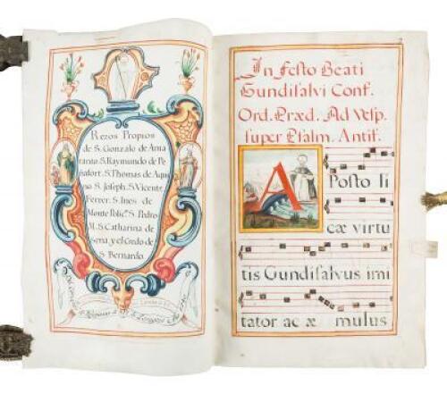 Ten vellum antiphonal leaves (i.e. five bifolia) with two inhabited initials and an elaborate title leaf