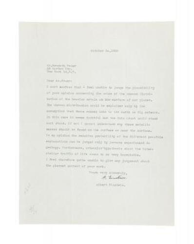 Letter from Albert Einstein to physicist, astronomer, and author Kenneth Heuer regarding distribution of heavy metals on the surface of Earth