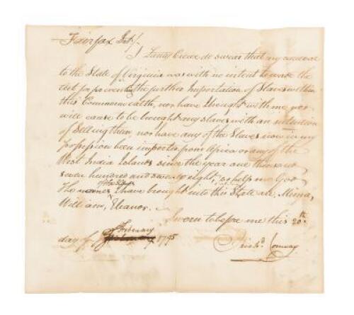 Rare Virginia &ldquo;Slave Non-Importation&rdquo; certificate