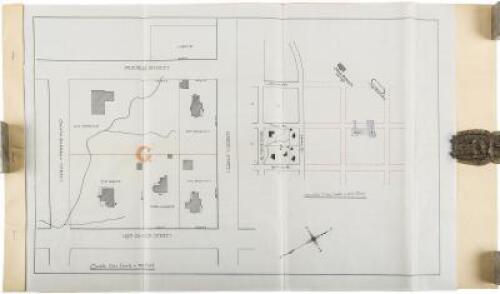Manuscript plat map, deed, abstract of title, and related documents pertaining to the sale of land in Santa Barbara