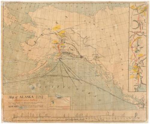 Map of Alaska showing the route of the Alaska Central Railway, with proposed branches; also, water connections with Seattle, Portland, San Francisco, Honolulu, and the Orient - Seward is but a few hours steaming from the Great Circle Route traveled by all