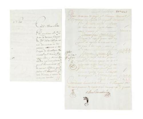 Letter from Miguel Costanzo to the Viceroy of New Spain, requesting arms for the cavalry corps of the northern provinces, plus a manuscript payment voucher for Costanzo