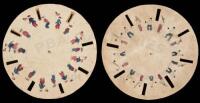Two hand-made Phenakistoscope disks, one of a baseball game