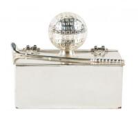 Ornamental silverplate cigarette box with ball and club on lid