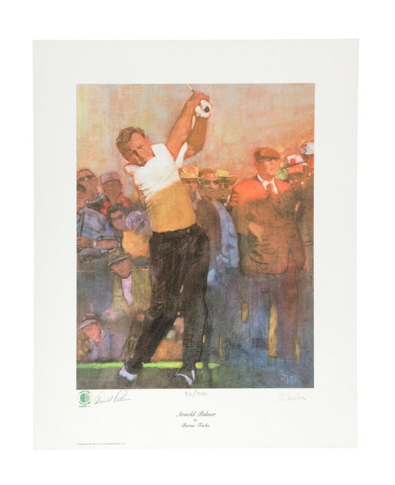 Five golfing prints by Bernie Fuchs signed by the golfers pictured ...