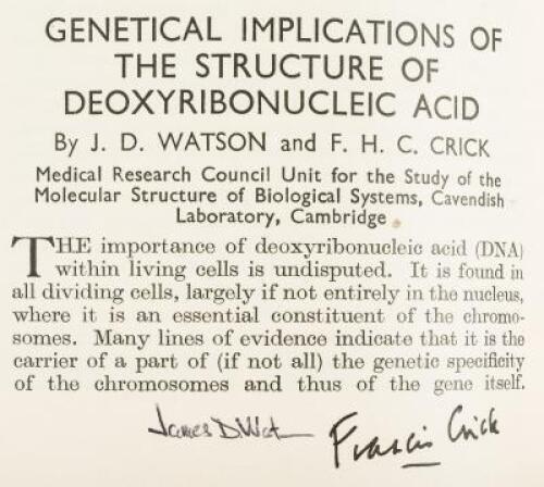 Seven early and seminal papers on DNA, in five issues of Nature from volumes 171, 172 and 173 - two papers signed by both Watson and Crick