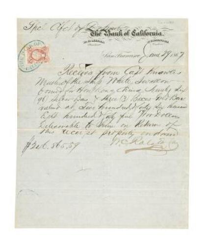 Manuscript receipt for a deposit of gold and silver bars valued at $246,865.59 in the Bank of California, signed by W.C. Ralston