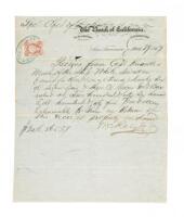 Manuscript receipt for a deposit of gold and silver bars valued at $246,865.59 in the Bank of California, signed by W.C. Ralston