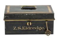 Original metal deed box that belonged to California banker and amateur historian Zoeth Skinner Eldredge, with his name lettered on the front in gold ink