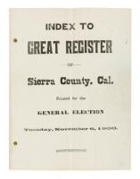 Index to great register of Sierra County, California, printed for the general election, Tuesday, November 6, 1900 (wrapper title)