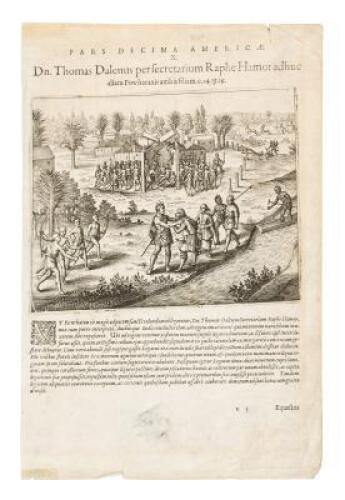 Engraved plate from his "Americae Pars Decima" depicting a meeting of Ralph Hamor and Powhatan