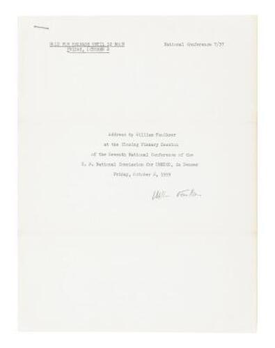 Address by William Faulkner at the closing plenary session of the seventh national conference of the U.S. National Commission for UNESCO, in Denver Friday, October 2, 1959 - signed by Faulkner