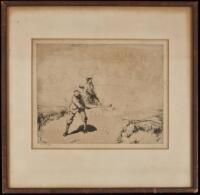 Original etching of a golfer, signed