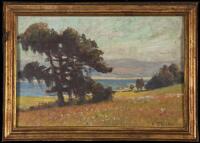 Oil on canvas of a view of Monterey Bay from the Pacific Grove Golf Course