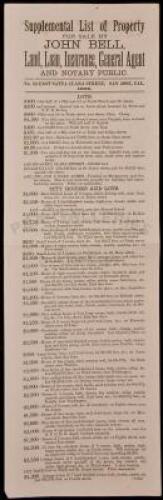 Supplemental List of Property for Sale by John Bell, land, loan, insurance, general agent and notary public