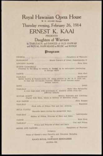 Program for a performance of Hawaiian Music and Songs at the Royal Hawaiian Opera House