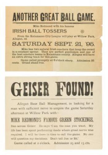 2 Michigan broadsides, 1895 Baseball game of "Green Stockings Irish Ball Tossers” (and a fearless Umpire