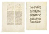 Two early manuscript leaves, one in a gothic book hand and one in a lettre batarde script