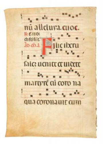 Manuscript antiphonal leaf, with large illuminated initial letter