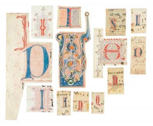 Thirteen large initial letters trimmed from various early manuscript leaves