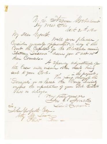 Letter from Lt. Commander James E. Jouett to Philadelphia lawyer John Goforth seeking representation in the sale of a captured blockade-runner