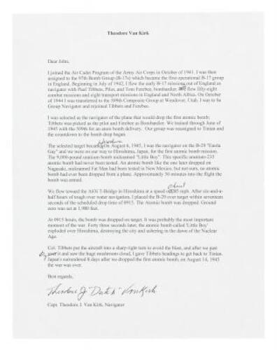 Letter from Capt. Theodore J. Van Kirk, navigator on the Enola Gay during the atomic bomb mission against Hiroshima, describing the dropping of the bomb