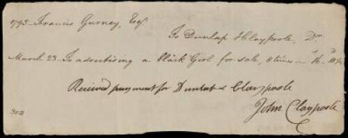 Autograph Document, signed. - Receipt for an ad in the Pennsylvania Packet and Daily Advertiser offering "black girl for sale"