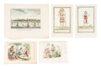 Eight prints and engravings of locales and peoples in or adjacent to the South Seas, hand colored or printed in color