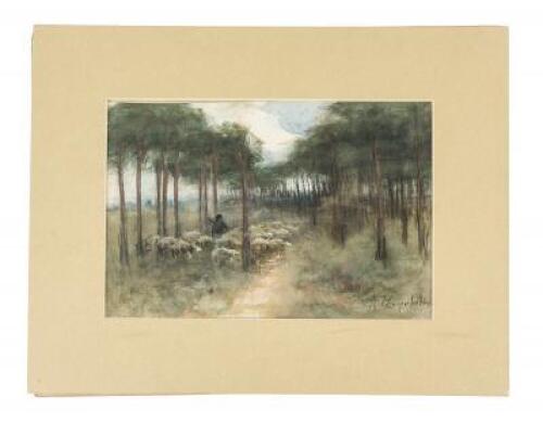 Original watercolor on paper of a pastoral scene of a shepherd and his flock