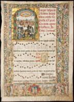 Large, elaborate illuminated leaf from a manuscript Antiphonal