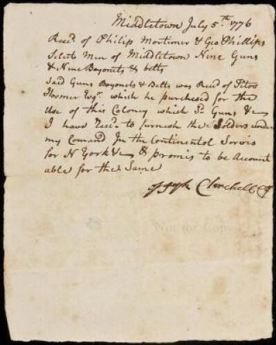 Manuscript receipt for guns & bayonets dated the day after the signing of the Declaration of Independence