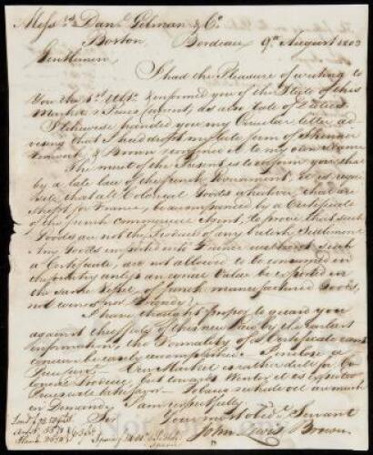 Autograph Letter, signed, on American trade with France during the Napoleonic Wars