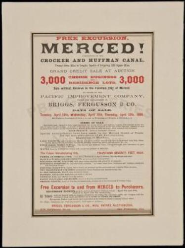 Broadside advertisement for business and residential lots in Merced following the completion of the Crocker and Huffman Canal