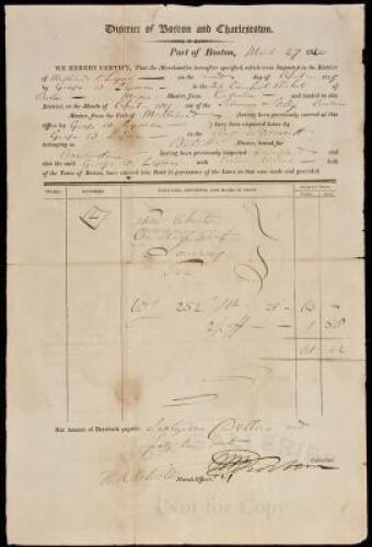 Partially printed document, completed in manuscript, signed as Naval Officer and Collector of the Port of Boston
