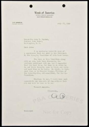 Typed Letter, Signed, as Founder-Chairman of the Bank of America